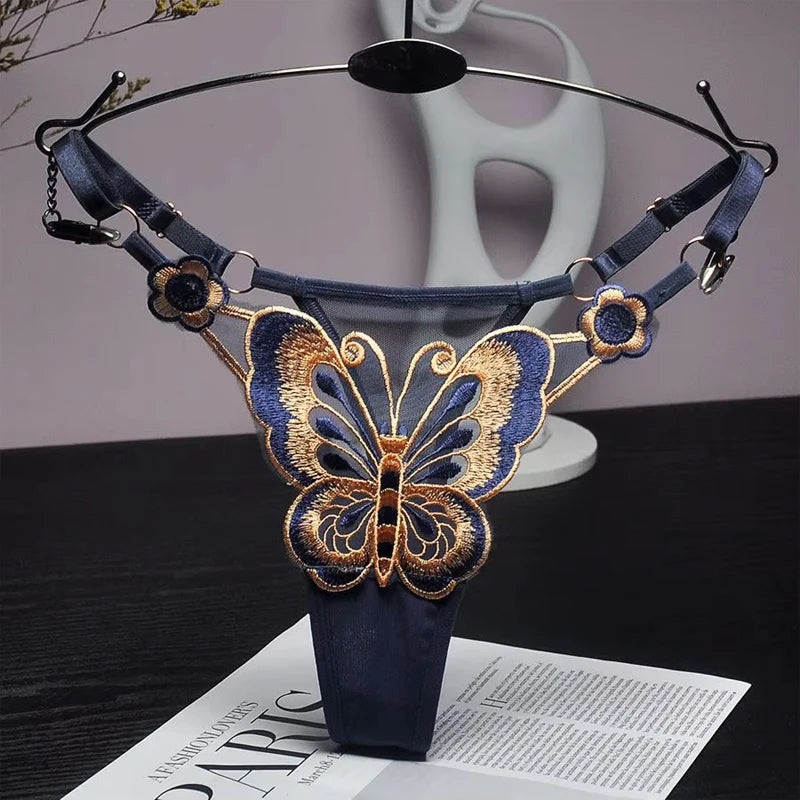 Fendy Lumière – Tanga de encaje Sexy para mujer, bragas de cintura baja de mariposa, bragas de malla transparente, bragas de cintura ajustable