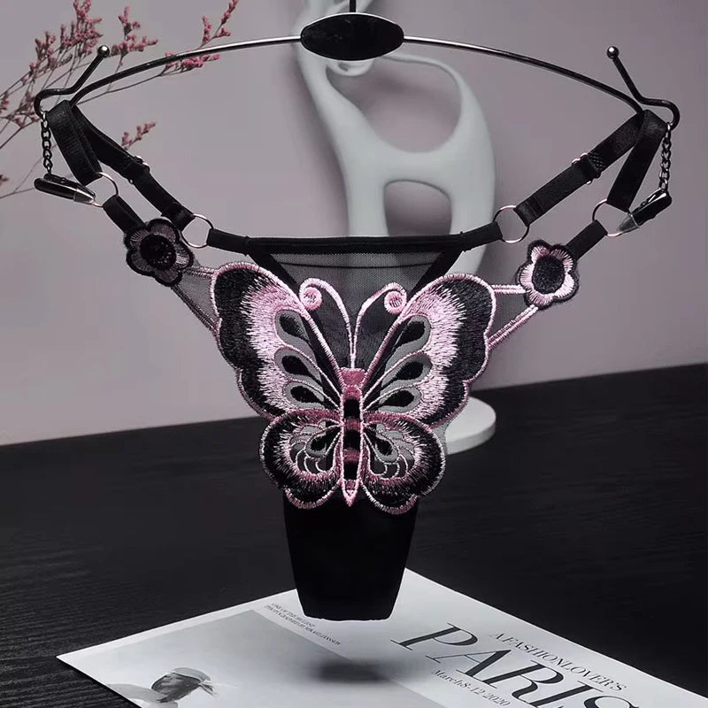 Fendy Lumière – Tanga de encaje Sexy para mujer, bragas de cintura baja de mariposa, bragas de malla transparente, bragas de cintura ajustable